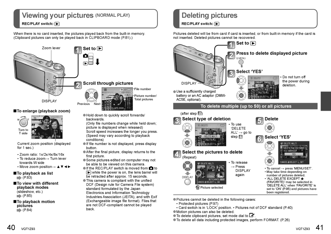 Panasonic DMC-TZ65 Viewing your pictures Normal Play, Deleting pictures, To delete multiple up to 50 or all pictures 