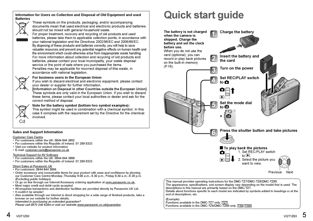 Panasonic DMC-TZ65 For business users in the European Union, Sales and Support Information, To play back the pictures 