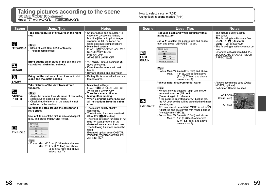 Panasonic DMC-TZ65, DMC-TZ7 operating instructions Fireworks, Beach, Snow, Aerial, Photo, PIN Hole, Film, Grain 