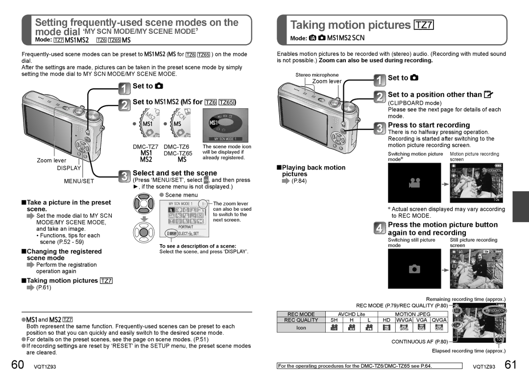 Panasonic DMC-TZ7, DMC-TZ65 operating instructions Taking motion pictures, Mode dial ‘MY SCN MODE/MY Scene MODE’ 