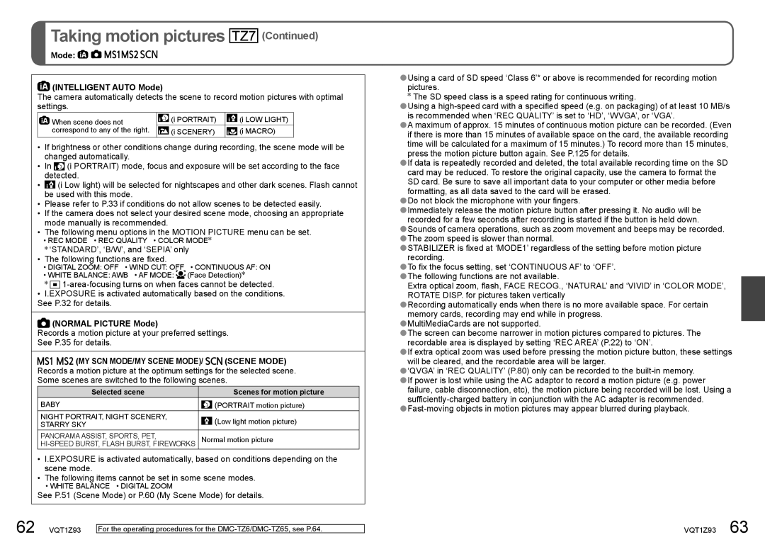 Panasonic DMC-TZ65, DMC-TZ7 Mode Intelligent Auto Mode, Normal Picture Mode, MY SCN MODE/MY Scene MODE/ Scene Mode 