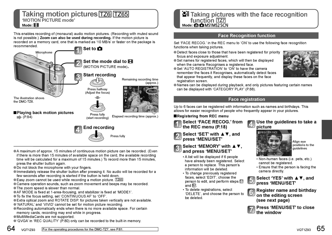 Panasonic DMC-TZ65, DMC-TZ7 operating instructions ‘MOTION Picture mode’ Mode, Face Recognition function, Face registration 