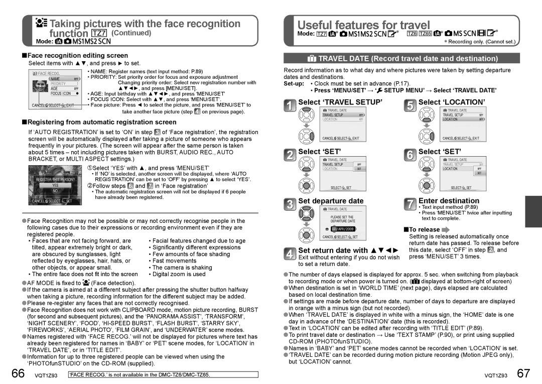 Panasonic DMC-TZ7, DMC-TZ65 Useful features for travel, Function, Travel Date Record travel date and destination 