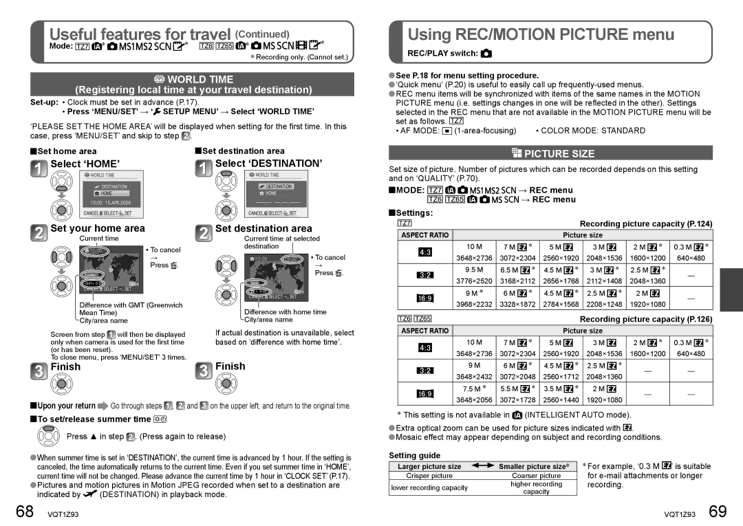 Panasonic DMC-TZ65 Using REC/MOTION Picture menu, World Time, Registering local time at your travel destination 