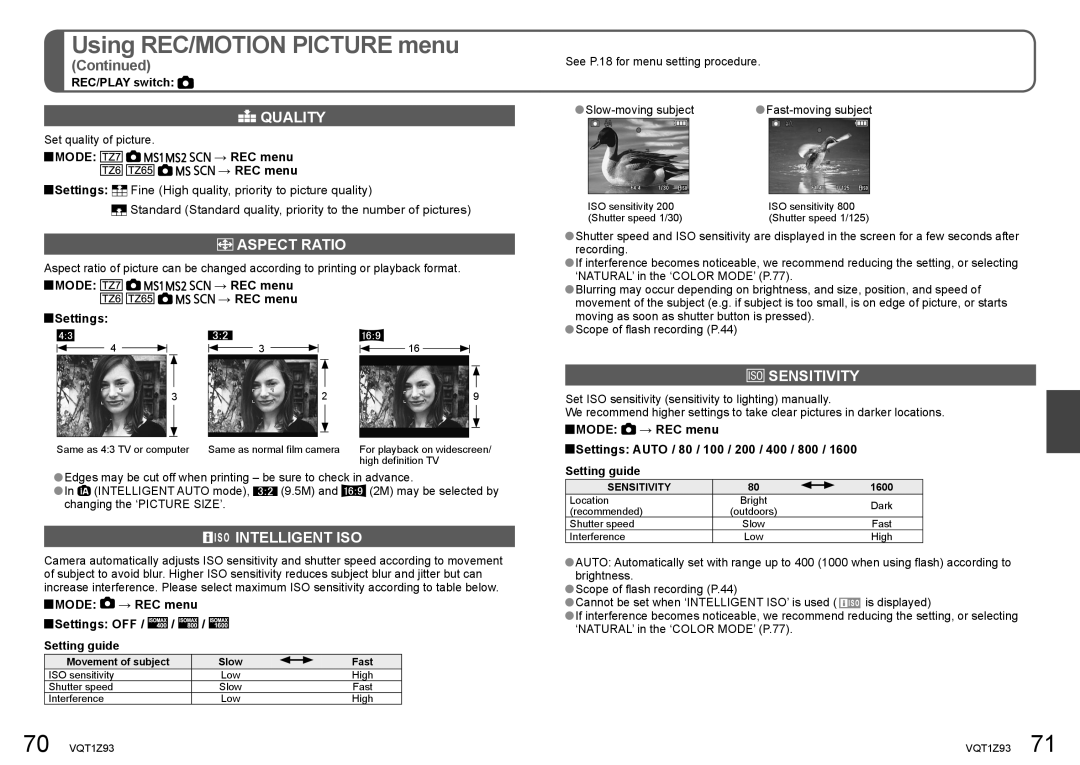 Panasonic DMC-TZ65, DMC-TZ7 operating instructions Quality, Aspect Ratio, Intelligent ISO, Sensitivity 