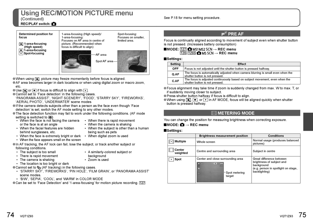 Panasonic DMC-TZ65, DMC-TZ7 operating instructions Pre Af, Metering Mode, ‘AERIAL PHOTO’, ‘UNDERWATER’ scene modes, Off 