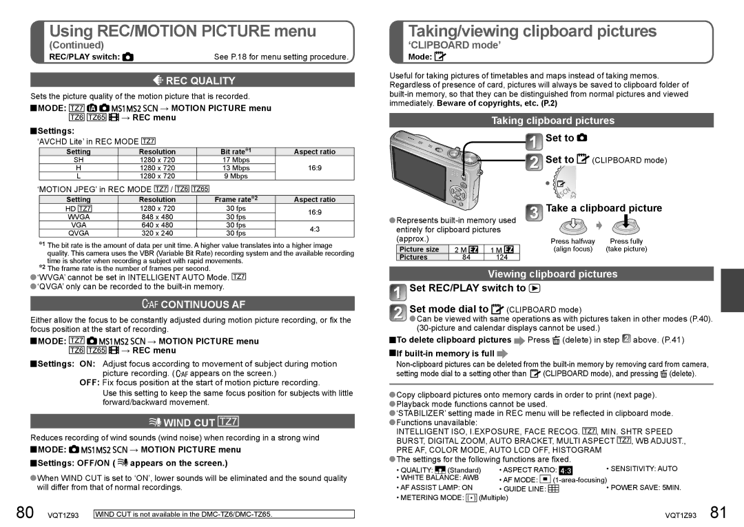 Panasonic DMC-TZ65, DMC-TZ7 Taking/viewing clipboard pictures, REC Quality, Continuous AF, Wind CUT 