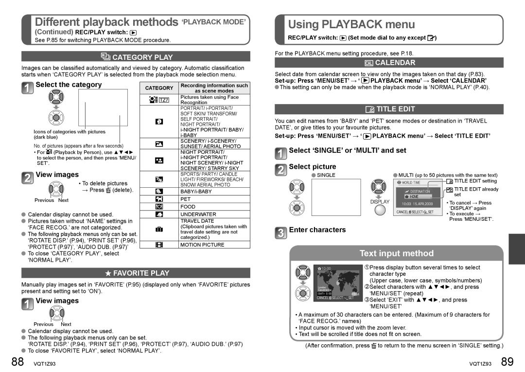 Panasonic DMC-TZ65, DMC-TZ7 operating instructions Using Playback menu, Category Play, Calendar, Title Edit, Favorite Play 