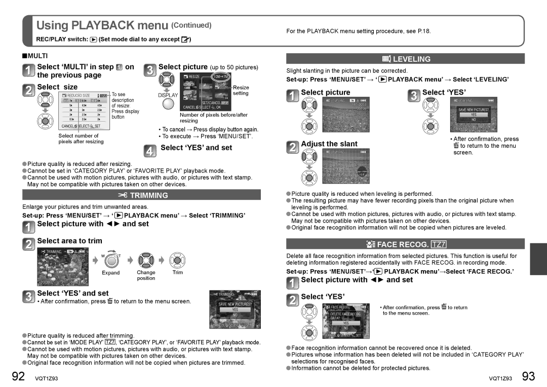 Panasonic DMC-TZ65, DMC-TZ7 operating instructions Leveling, Trimming, Face Recog 