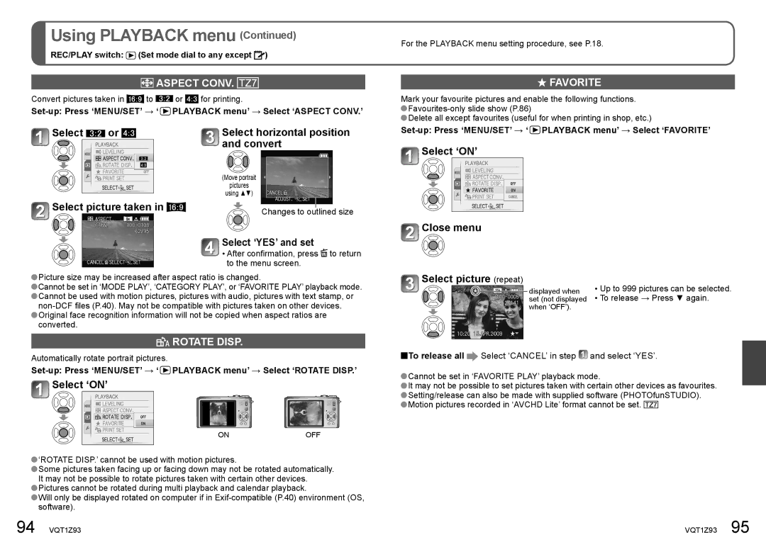 Panasonic DMC-TZ65, DMC-TZ7 operating instructions Aspect Conv, Rotate Disp, Favorite 