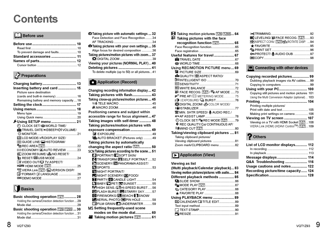 Panasonic DMC-TZ65, DMC-TZ7 operating instructions Contents 