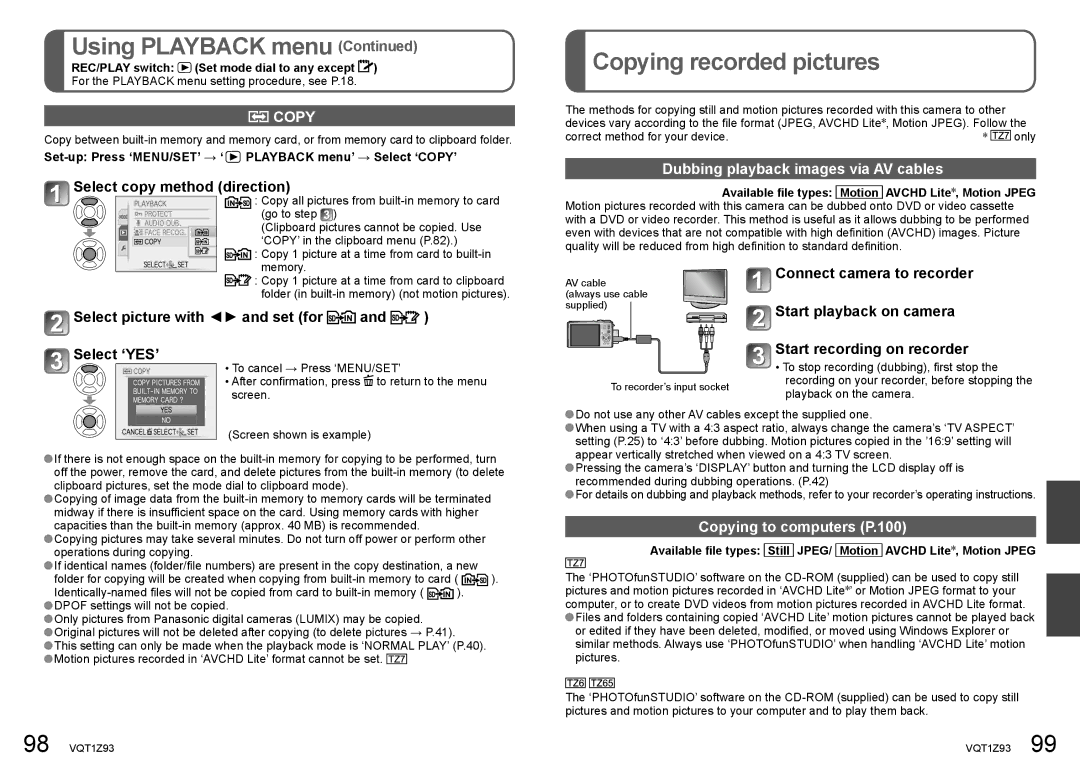 Panasonic DMC-TZ65 Copying recorded pictures, Dubbing playback images via AV cables, Copying to computers P.100 