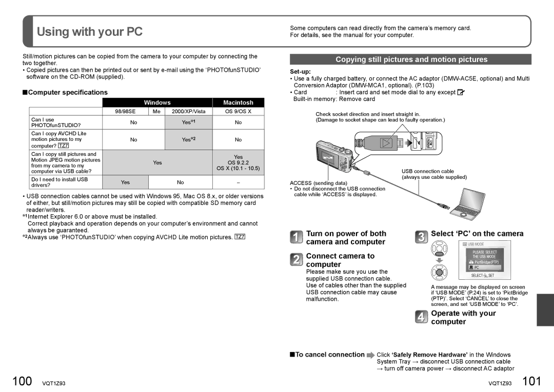 Panasonic DMC-TZ65, DMC-TZ7 Using with your PC, Copying still pictures and motion pictures, Select ‘PC’ on the camera 