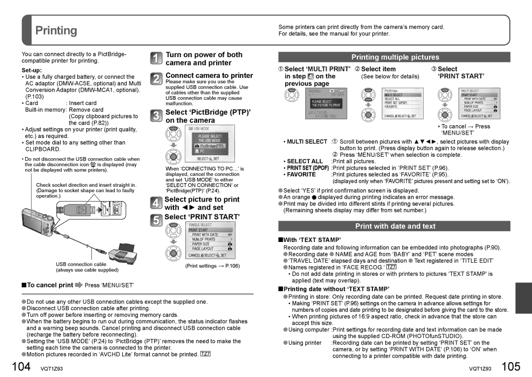 Panasonic DMC-TZ6, DMC-TZ7 Select ‘PictBridge PTP’ on the camera, Printing multiple pictures, Print with date and text 