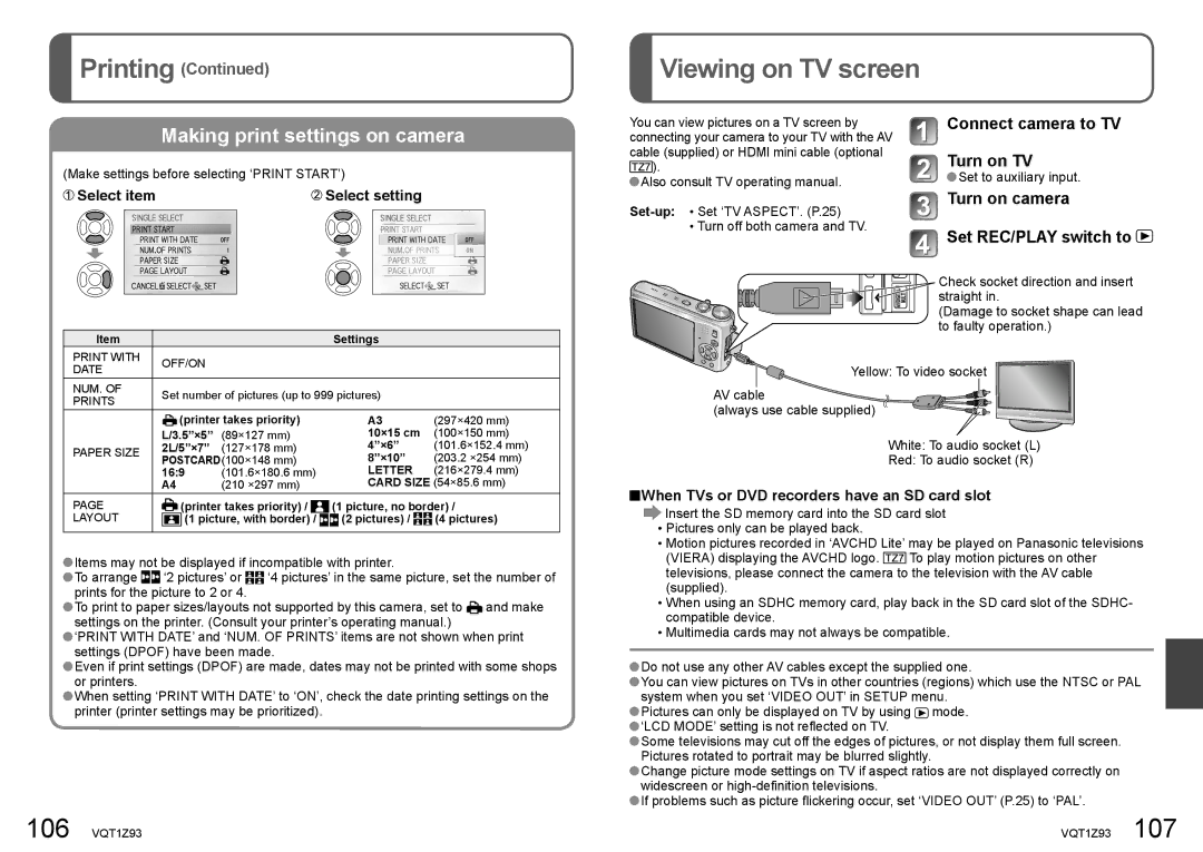 Panasonic DMC-TZ65 Viewing on TV screen, Printing, Connect camera to TV Turn on TV, Turn on camera Set REC/PLAY switch to 