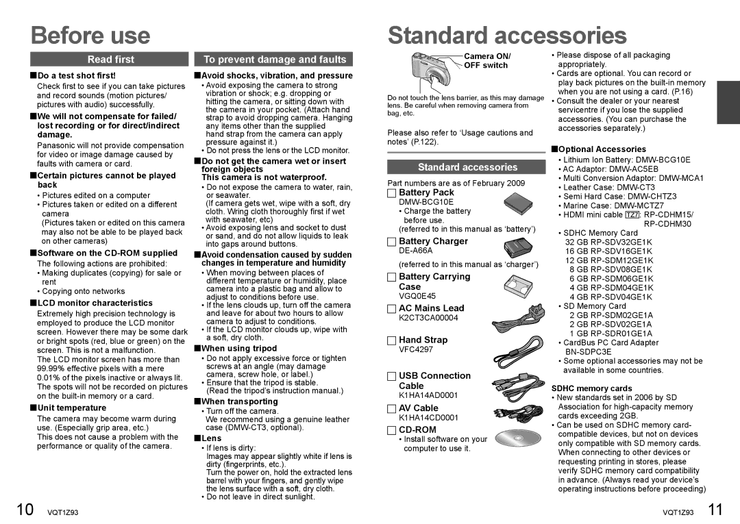 Panasonic DMC-TZ65, DMC-TZ7 operating instructions Read first, To prevent damage and faults, Standard accessories 