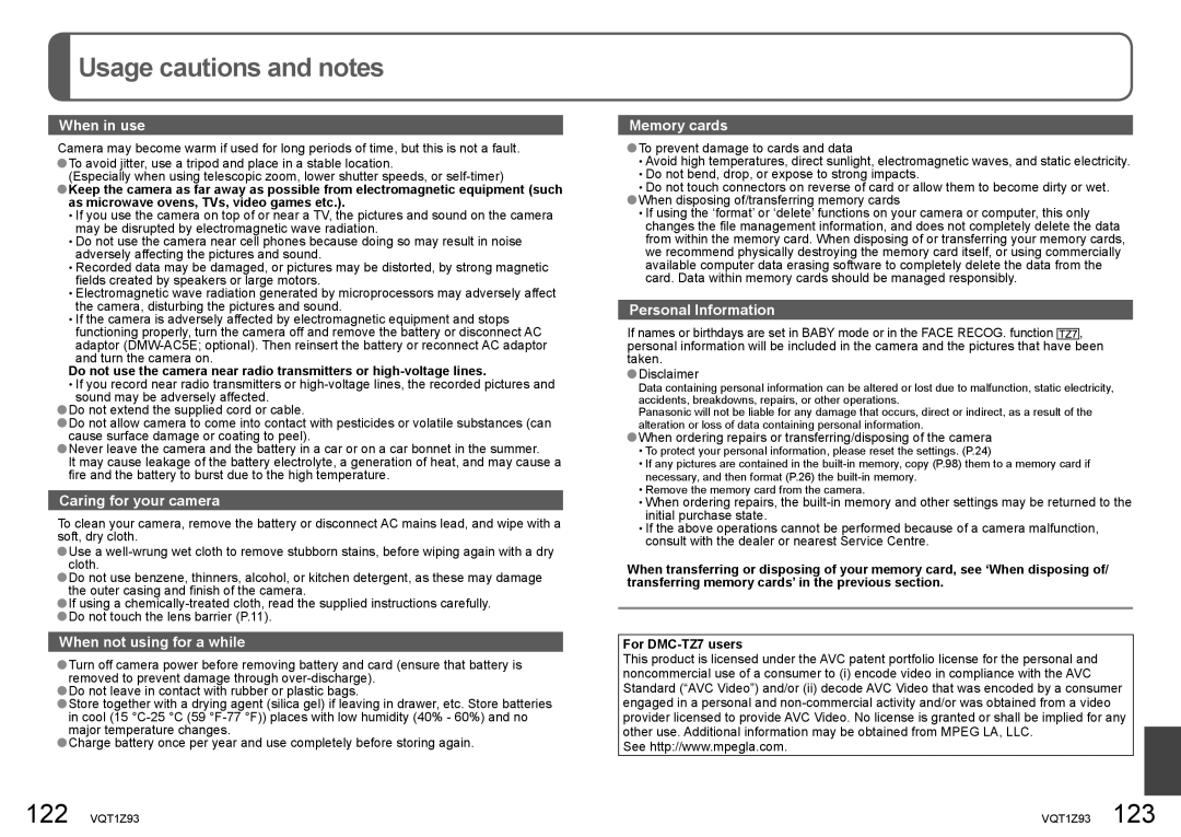 Panasonic DMC-TZ65, DMC-TZ7 operating instructions Usage cautions and notes, 122 VQT1Z93 