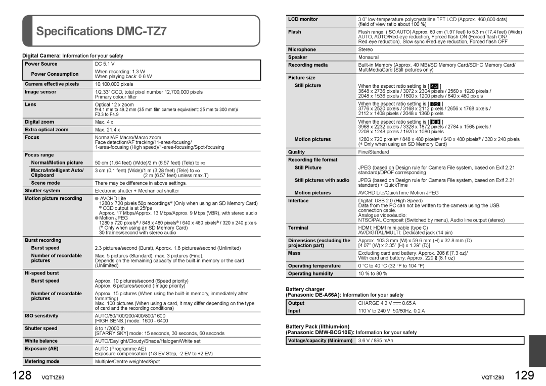 Panasonic DMC-TZ65 operating instructions Specifications DMC-TZ7 