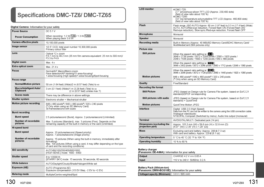 Panasonic DMC-TZ7 Specifications DMC-TZ6/ DMC-TZ65, 65 a, Input To 240 V 50/60Hz, 0.2 a Battery Pack lithium-ion 