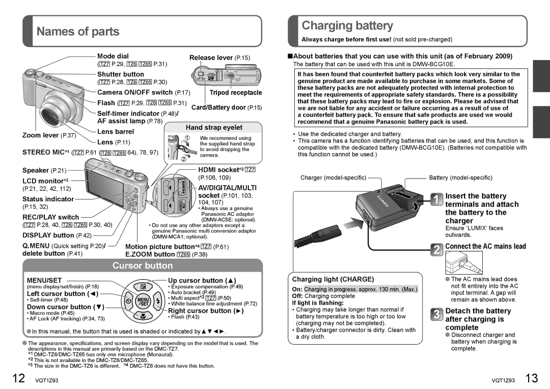 Panasonic DMC-TZ7, DMC-TZ65 operating instructions Names of parts, Charging battery, Connect the AC mains lead 