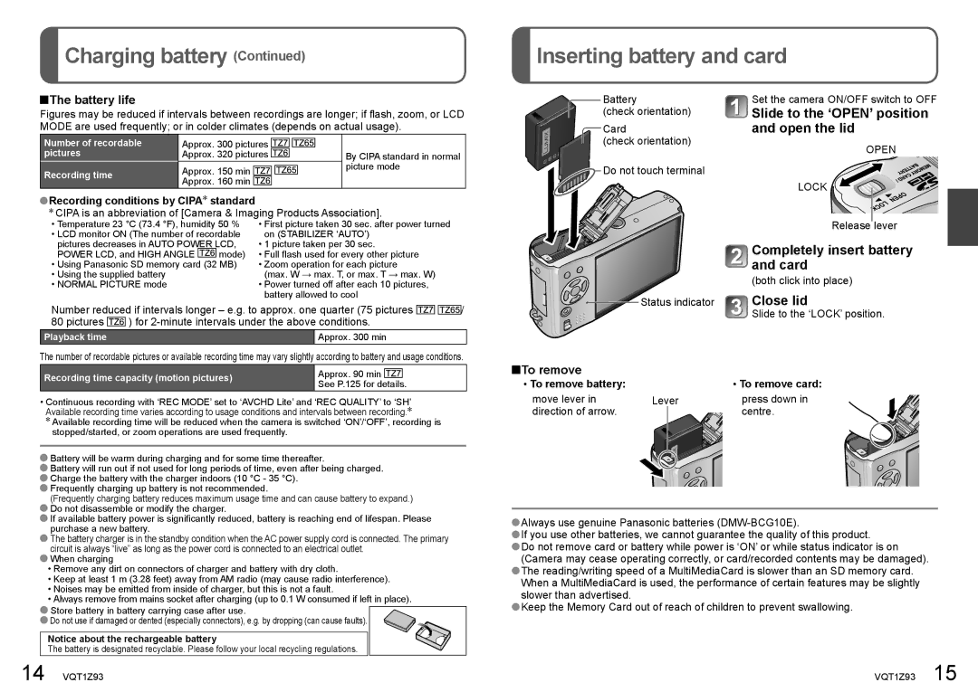 Panasonic DMC-TZ6 Charging battery Inserting battery and card, Slide to the ‘OPEN’ position and open the lid, Close lid 