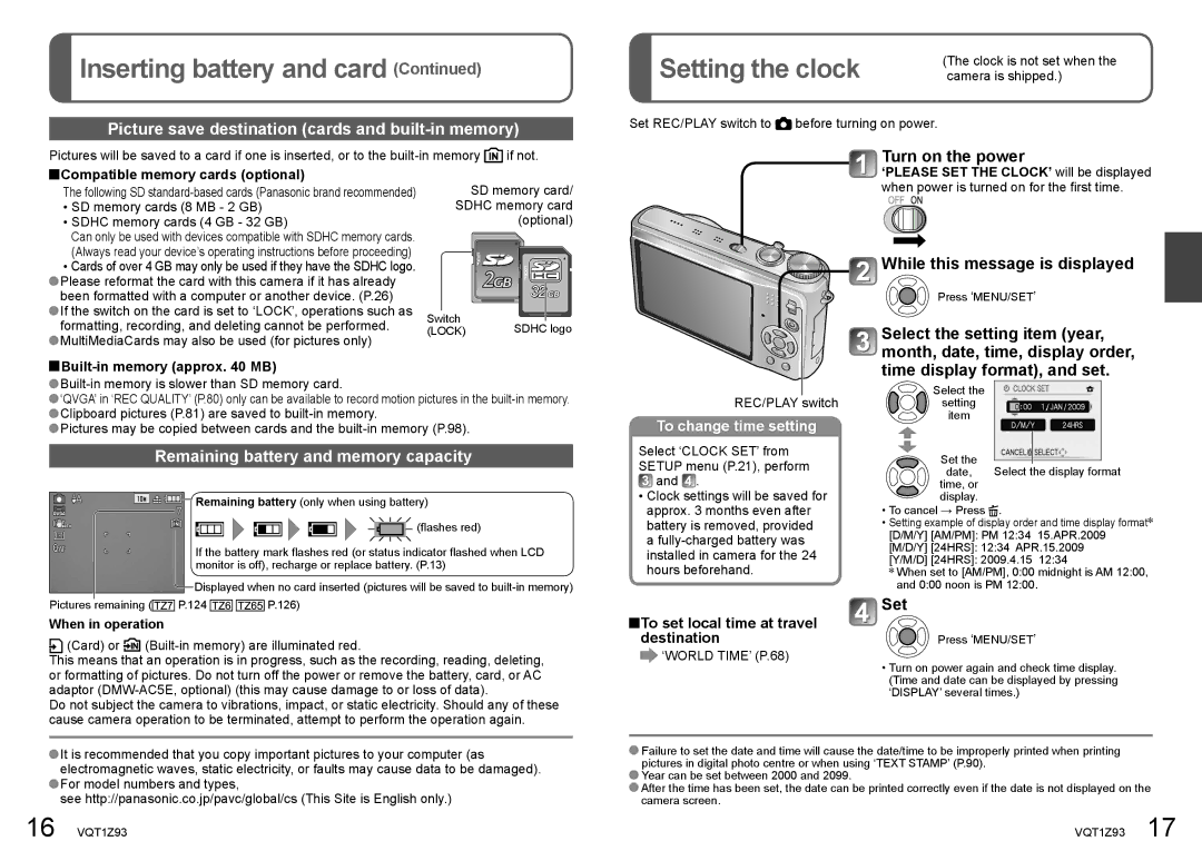 Panasonic DMC-TZ65, DMC-TZ7 operating instructions Setting the clock, Picture save destination cards and built-in memory 