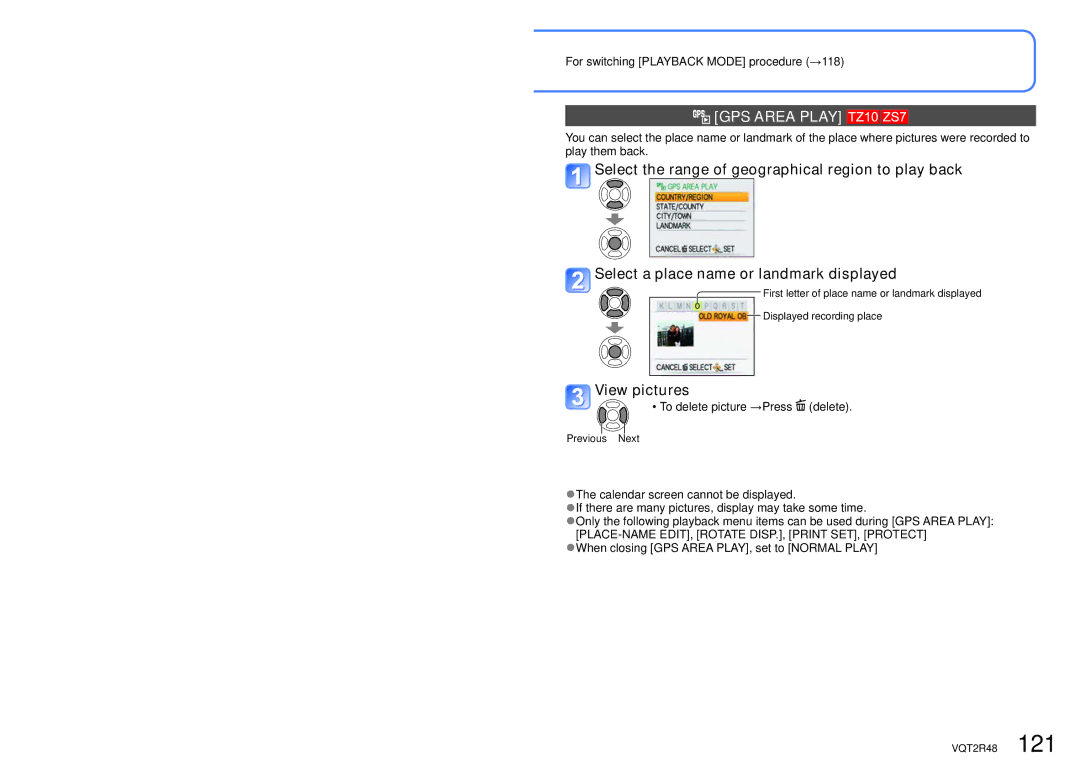 Panasonic DMC-ZS5, DMC-TZ8 GPS Area Play, For switching Playback Mode procedure →118, To delete picture →Press delete 