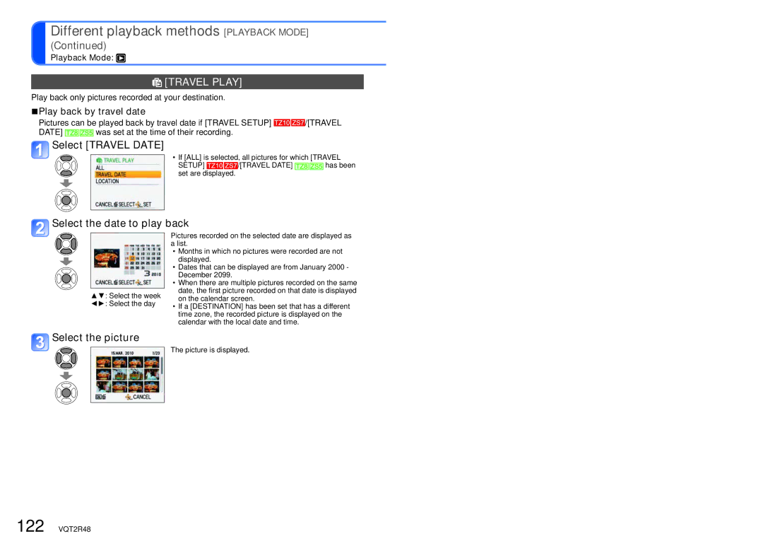 Panasonic DMC-TZ10, DMC-TZ8, DMC-ZS5 Travel Play, Select Travel Date, Select the date to play back, Select the picture 