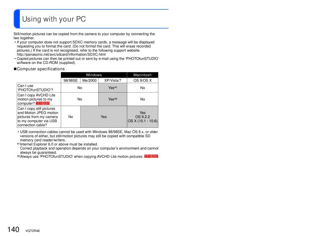 Panasonic DMC-TZ10, DMC-TZ8, DMC-ZS5 operating instructions Using with your PC, Computer specifications 