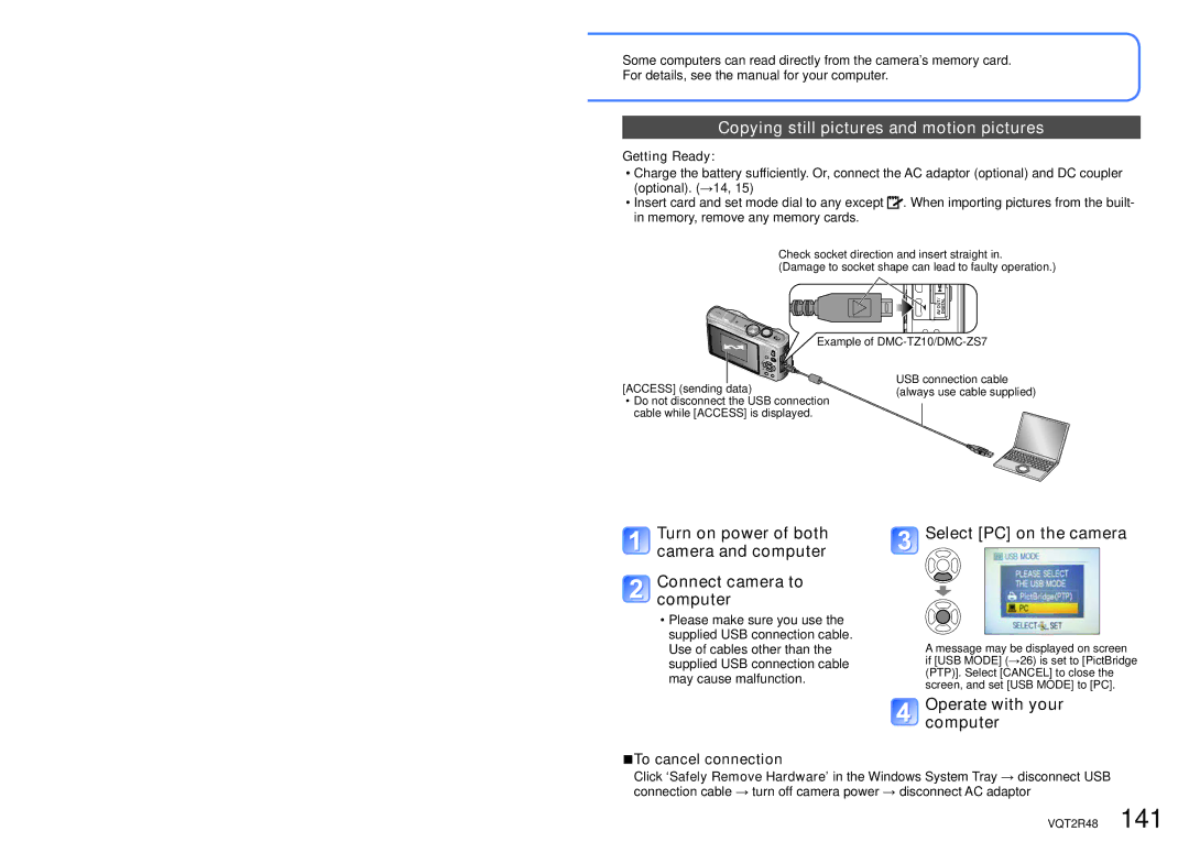Panasonic DMC-TZ8, DMC-ZS5 Copying still pictures and motion pictures, Select PC on the camera, Operate with your computer 
