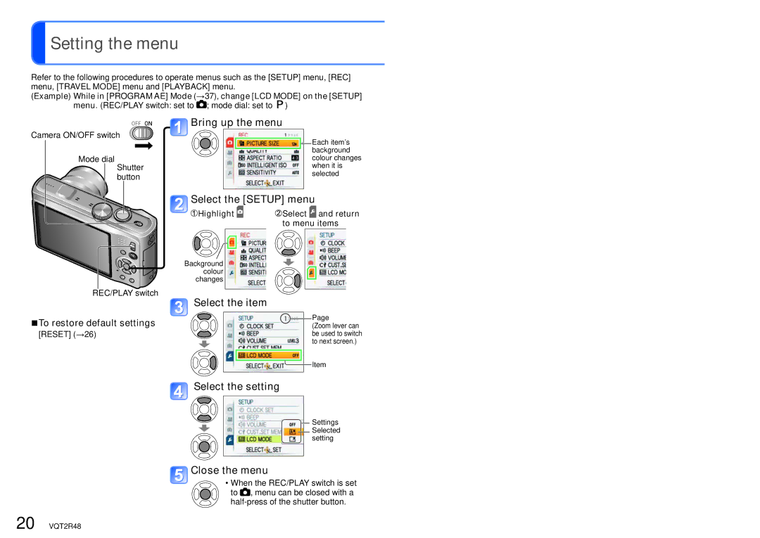 Panasonic DMC-TZ10, DMC-TZ8, DMC-ZS5 operating instructions Setting the menu 