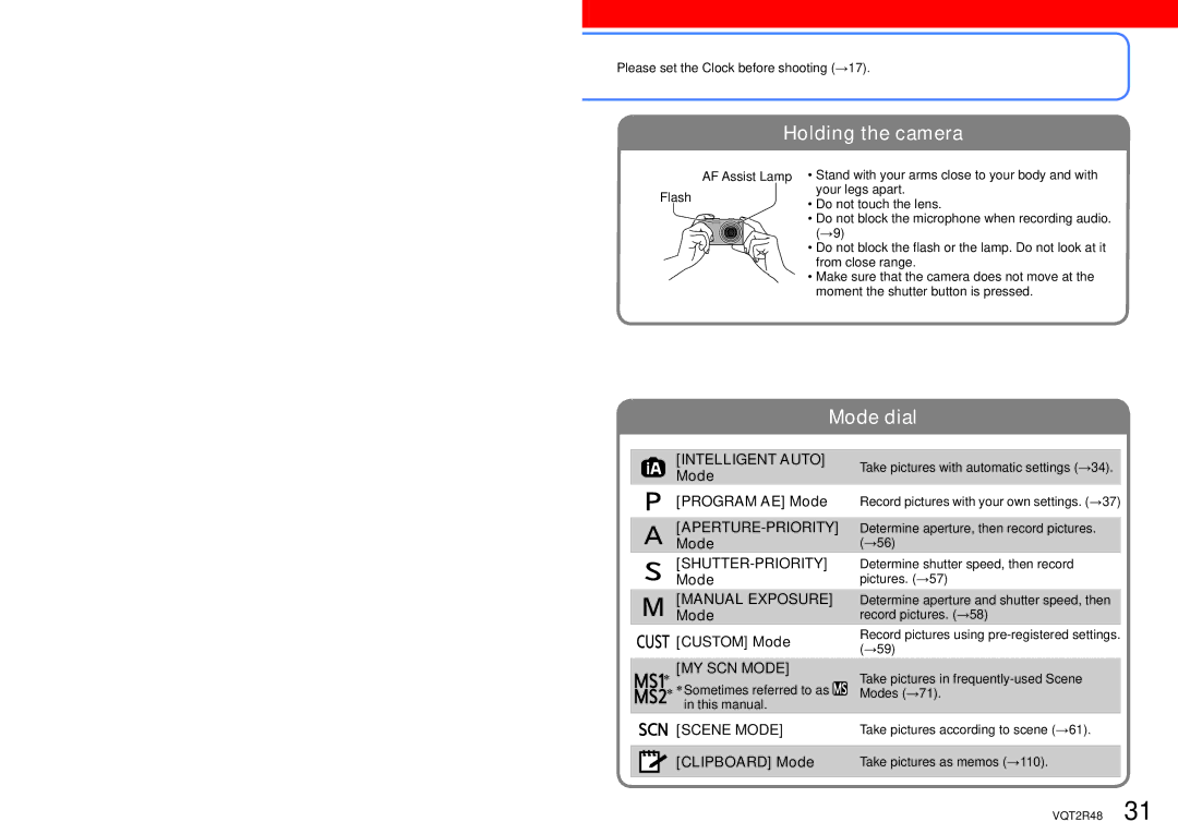 Panasonic DMC-ZS5, DMC-TZ8, DMC-TZ10 operating instructions Mode Program AE Mode, Mode Custom Mode, Clipboard Mode 