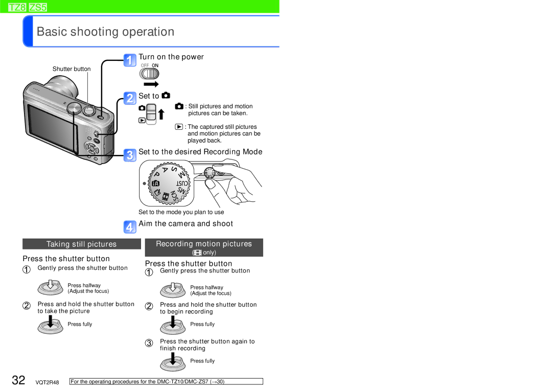 Panasonic DMC-TZ10, DMC-TZ8 Taking still pictures Recording motion pictures, Press the shutter button, Finish recording 