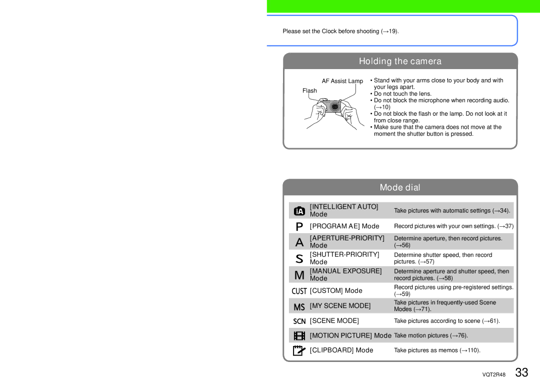 Panasonic DMC-TZ8, DMC-ZS5, DMC-TZ10 Motion Picture Mode Clipboard Mode, Please set the Clock before shooting →19, →10 