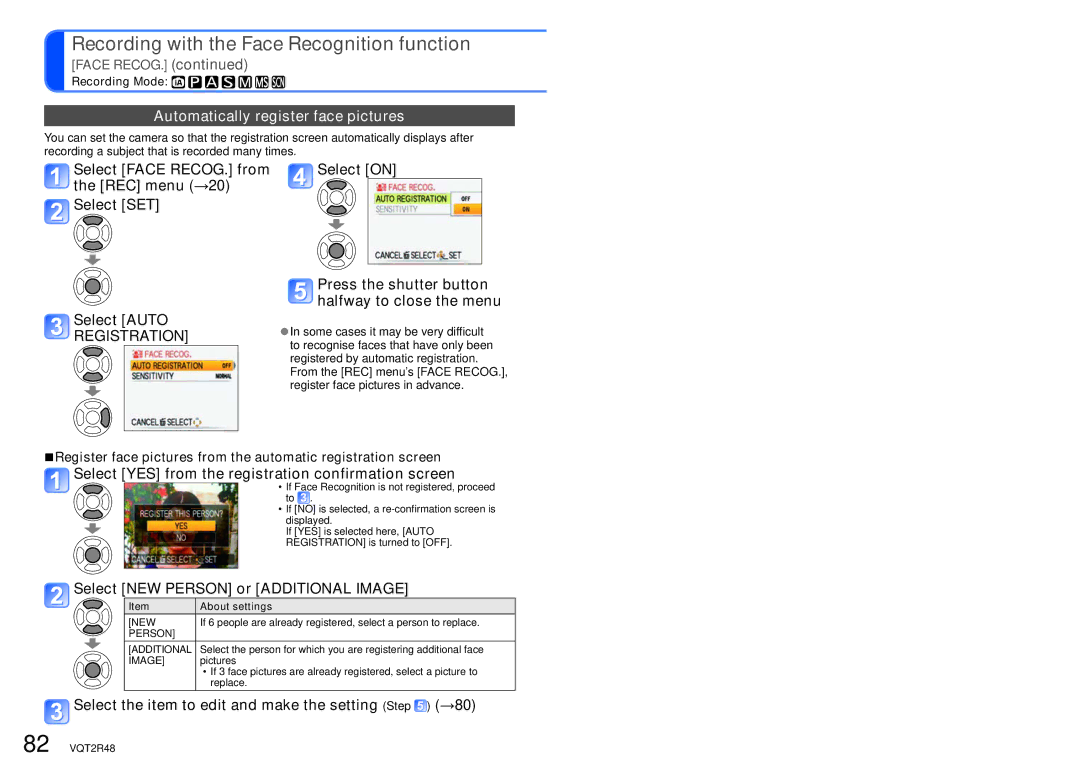 Panasonic DMC-ZS5, DMC-TZ8 Automatically register face pictures, Select YES from the registration confirmation screen 