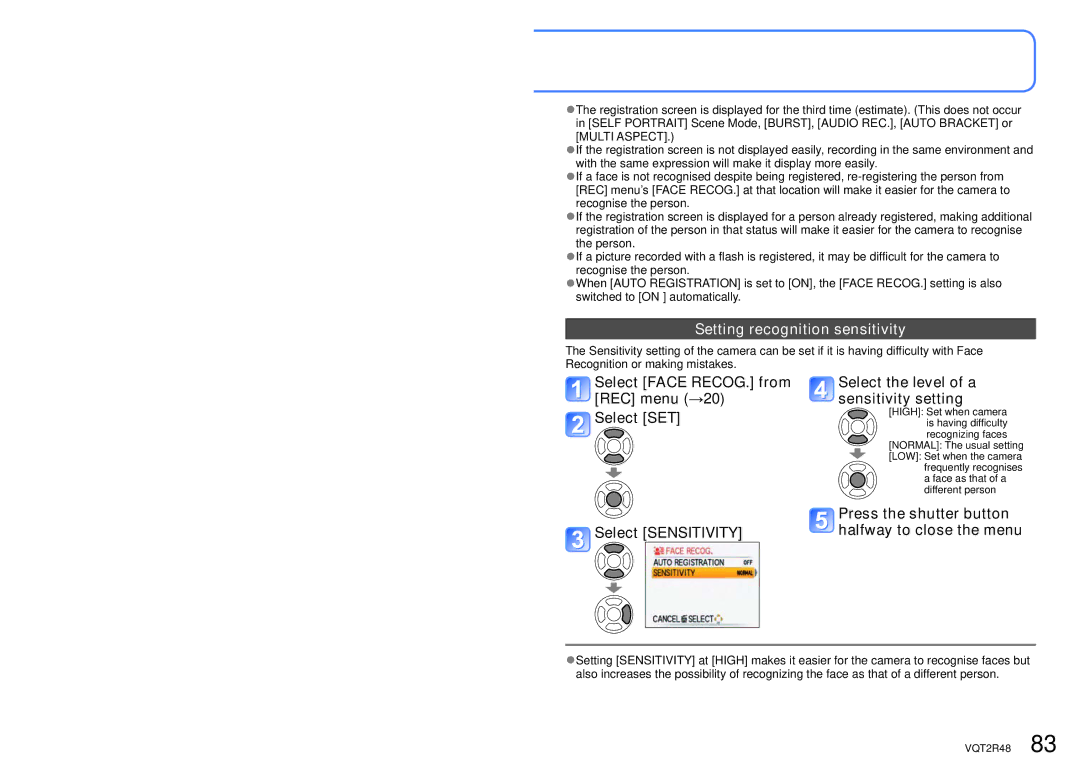 Panasonic DMC-TZ10, DMC-TZ8, DMC-ZS5 operating instructions Setting recognition sensitivity 