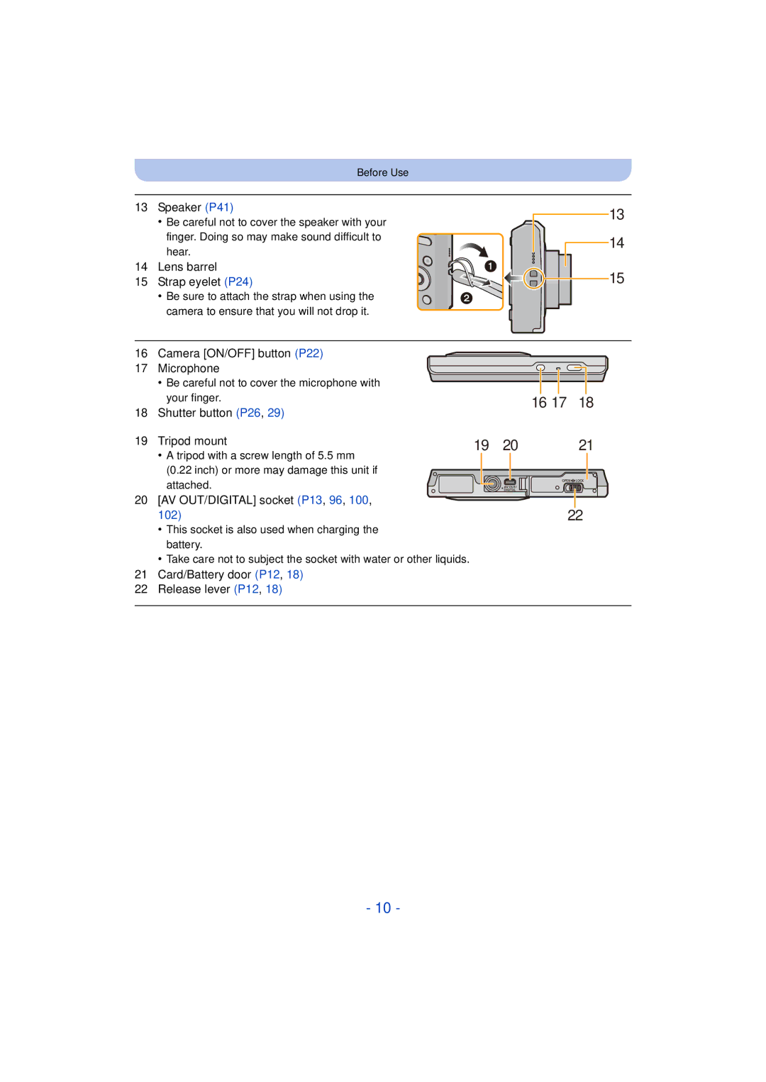 Panasonic DMCFH10P, DMC-XS1, DMCXS1R, DMC-FH10 owner manual AV OUT/DIGITAL socket P13, 96, 100 