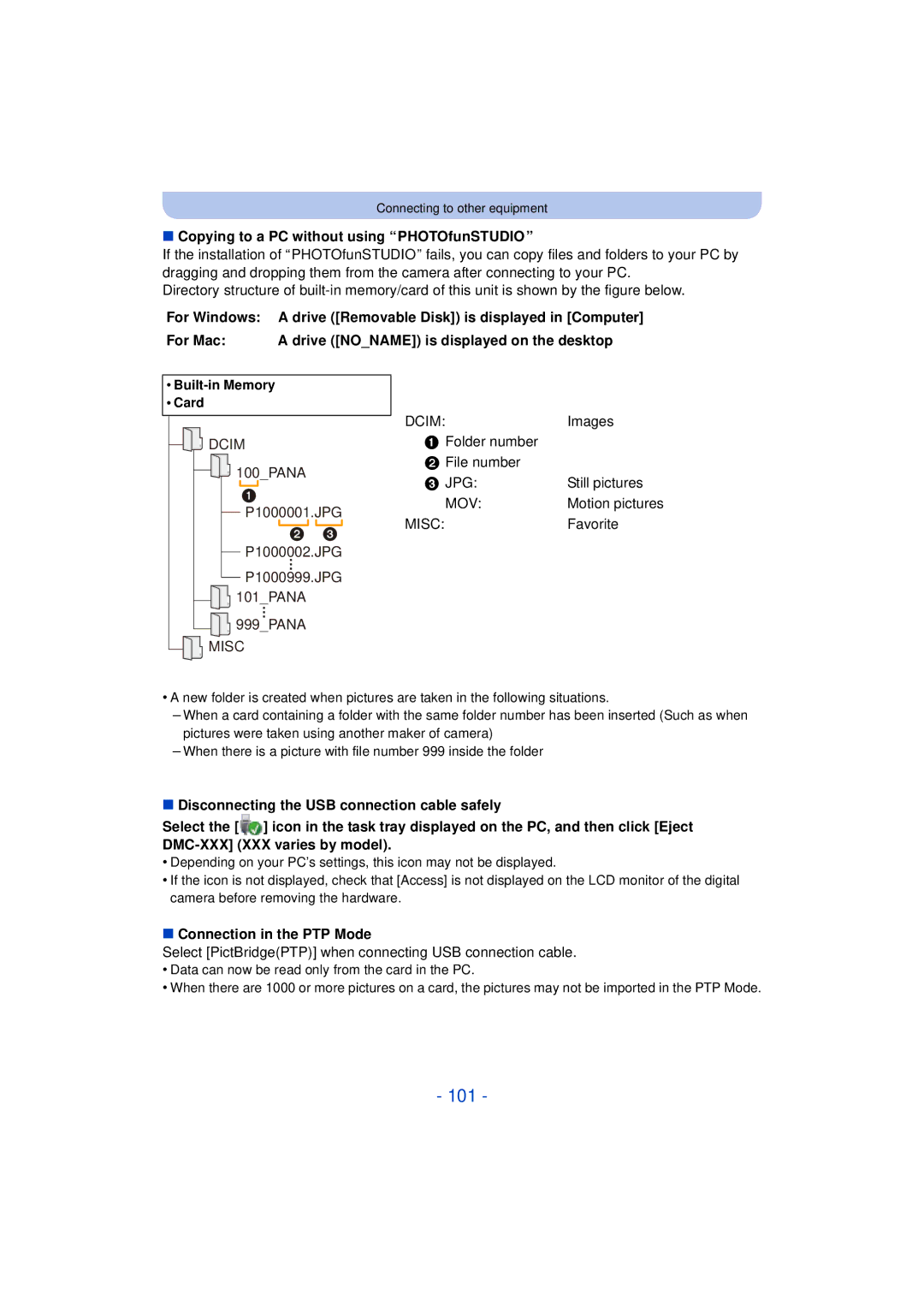 Panasonic DMCXS1R, DMC-XS1 101, Copying to a PC without using PHOTOfunSTUDIO, For Windows, Connection in the PTP Mode 