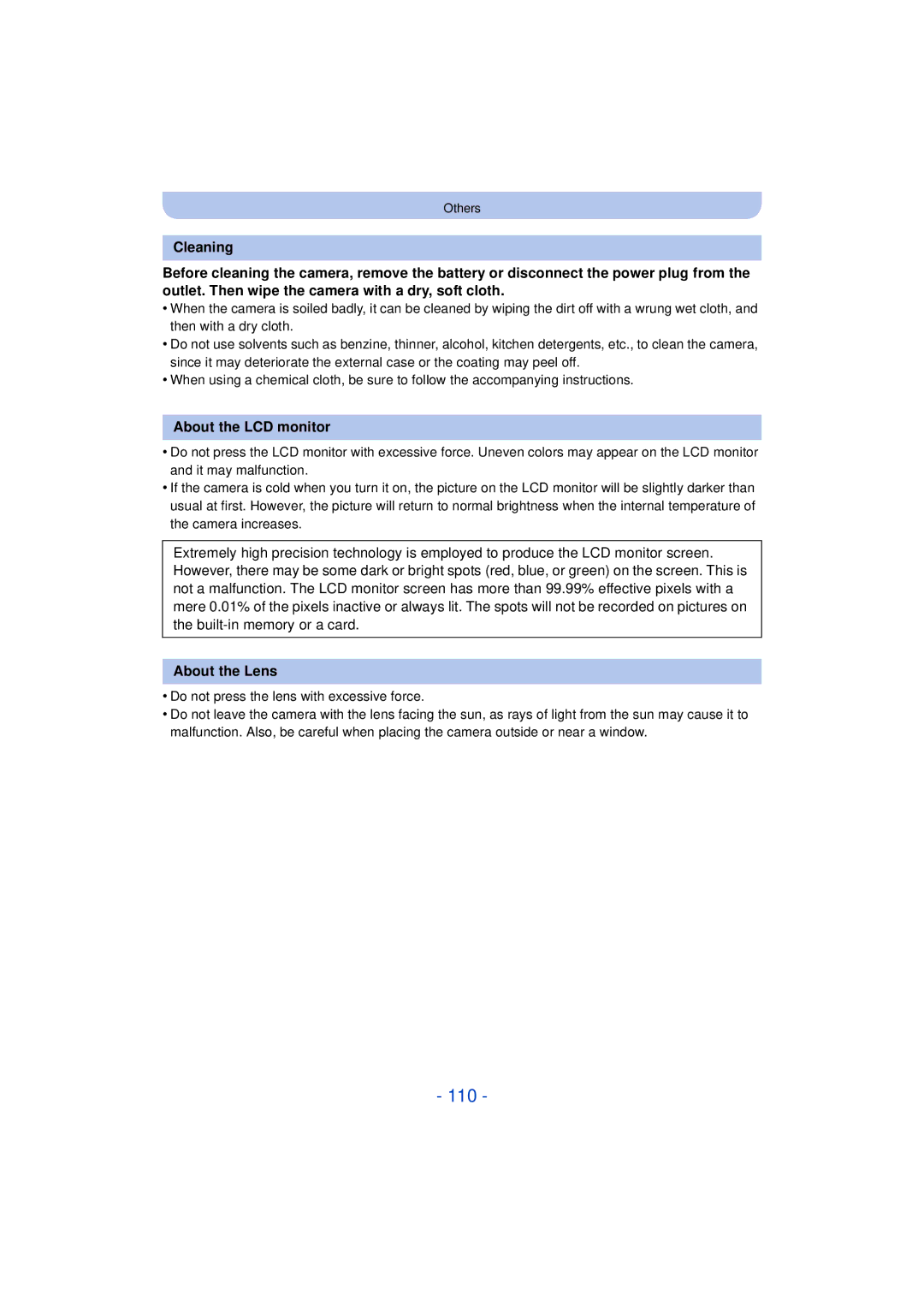 Panasonic DMCFH10P, DMC-XS1, DMCXS1R, DMC-FH10 owner manual 110, About the LCD monitor, About the Lens 