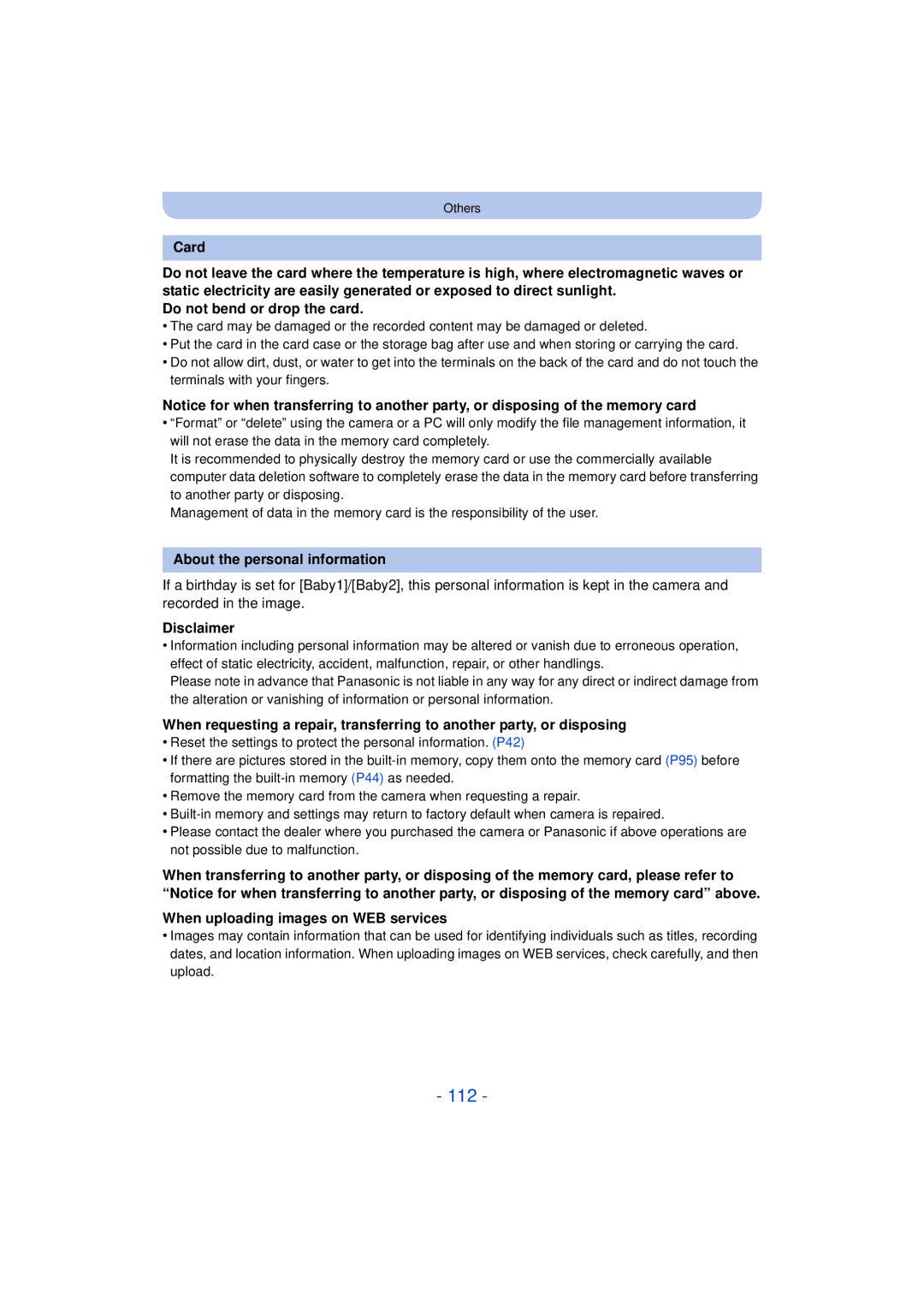 Panasonic DMC-XS1, DMCXS1R, DMCFH10P 112, About the personal information, Disclaimer, When uploading images on WEB services 