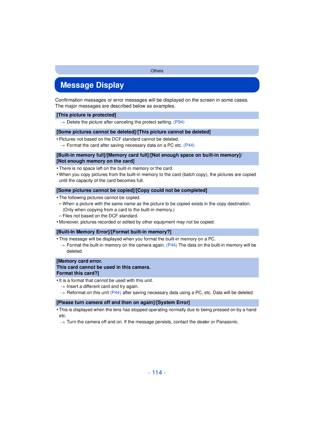 Panasonic DMCFH10P, DMC-XS1, DMCXS1R, DMC-FH10 owner manual Message Display, 114 