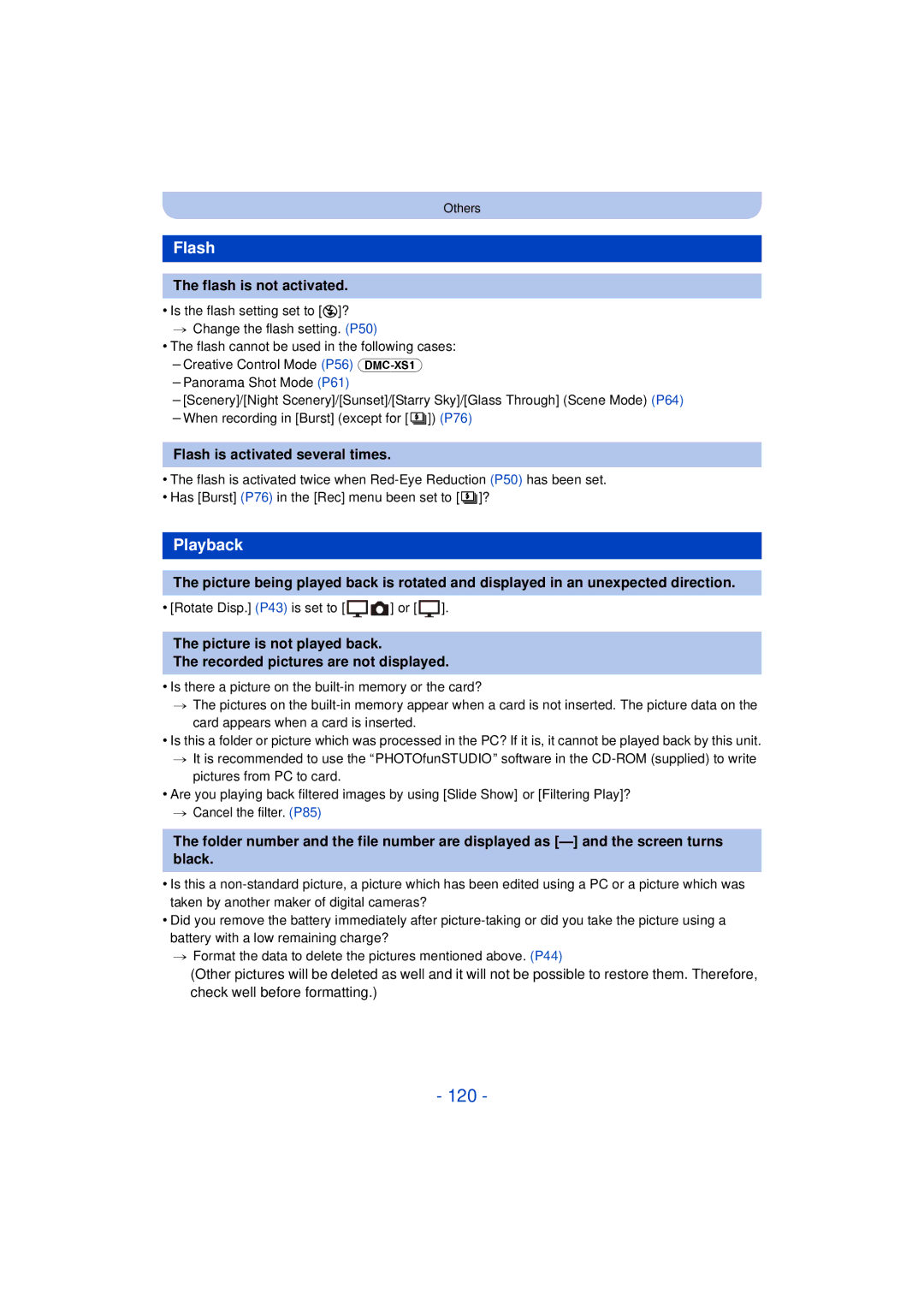 Panasonic DMC-XS1, DMCXS1R, DMCFH10P, DMC-FH10 120, Playback, Flash is not activated, Flash is activated several times 