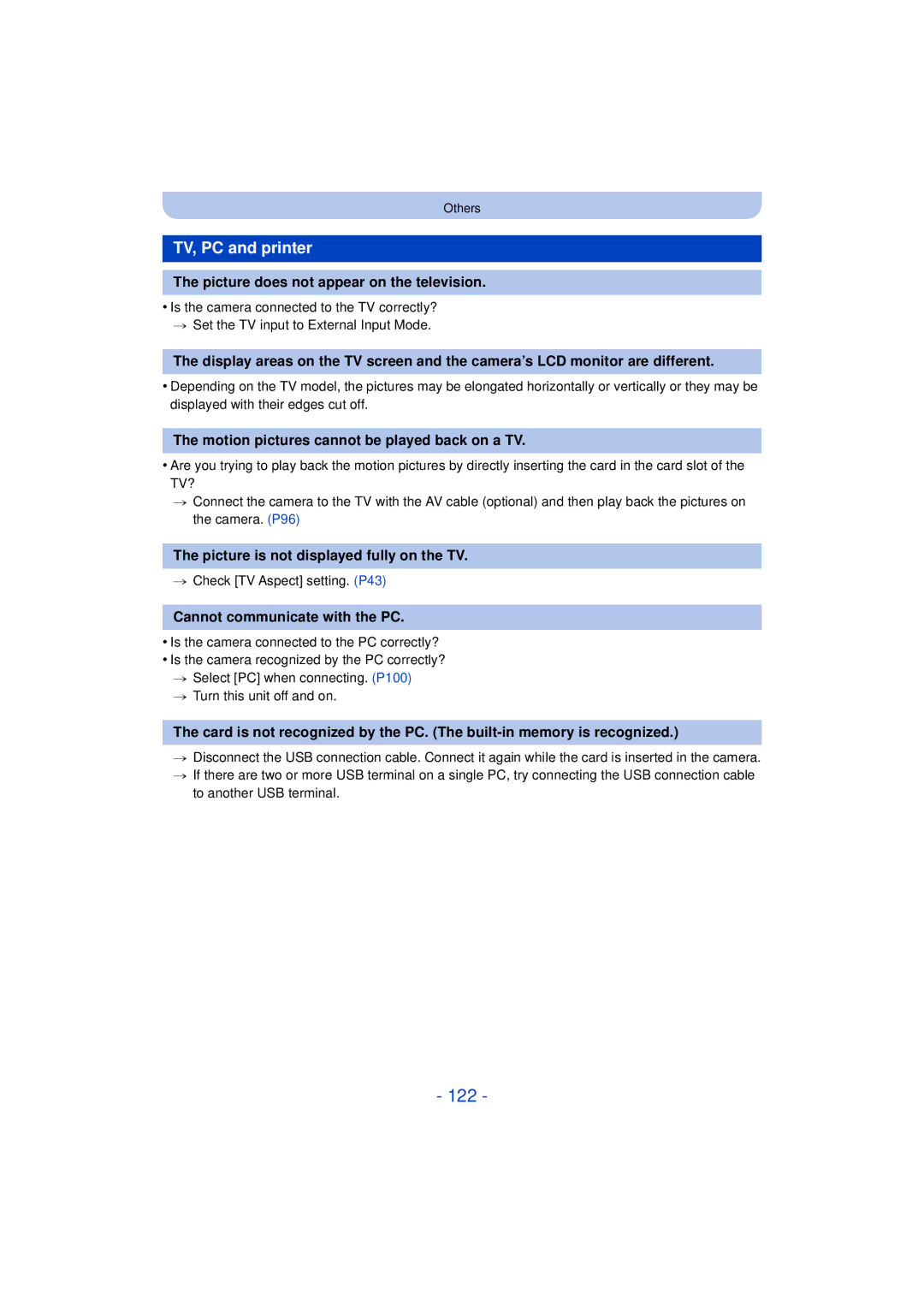 Panasonic DMCFH10P, DMC-XS1, DMCXS1R, DMC-FH10 owner manual 122, TV, PC and printer 