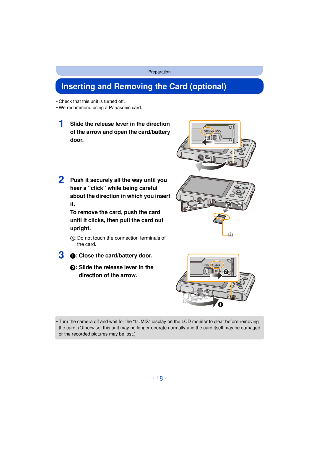 Panasonic DMCFH10P, DMC-XS1 Inserting and Removing the Card optional, Do not touch the connection terminals of the card 