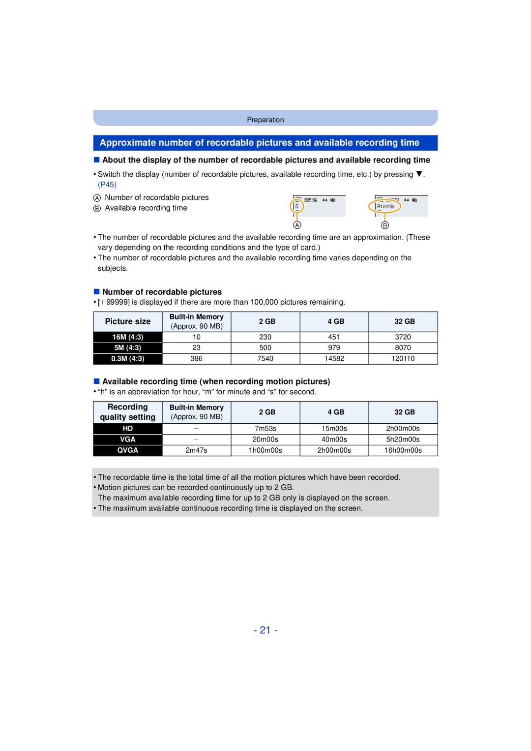 Panasonic DMCXS1R Number of recordable pictures, Picture size, Available recording time when recording motion pictures 