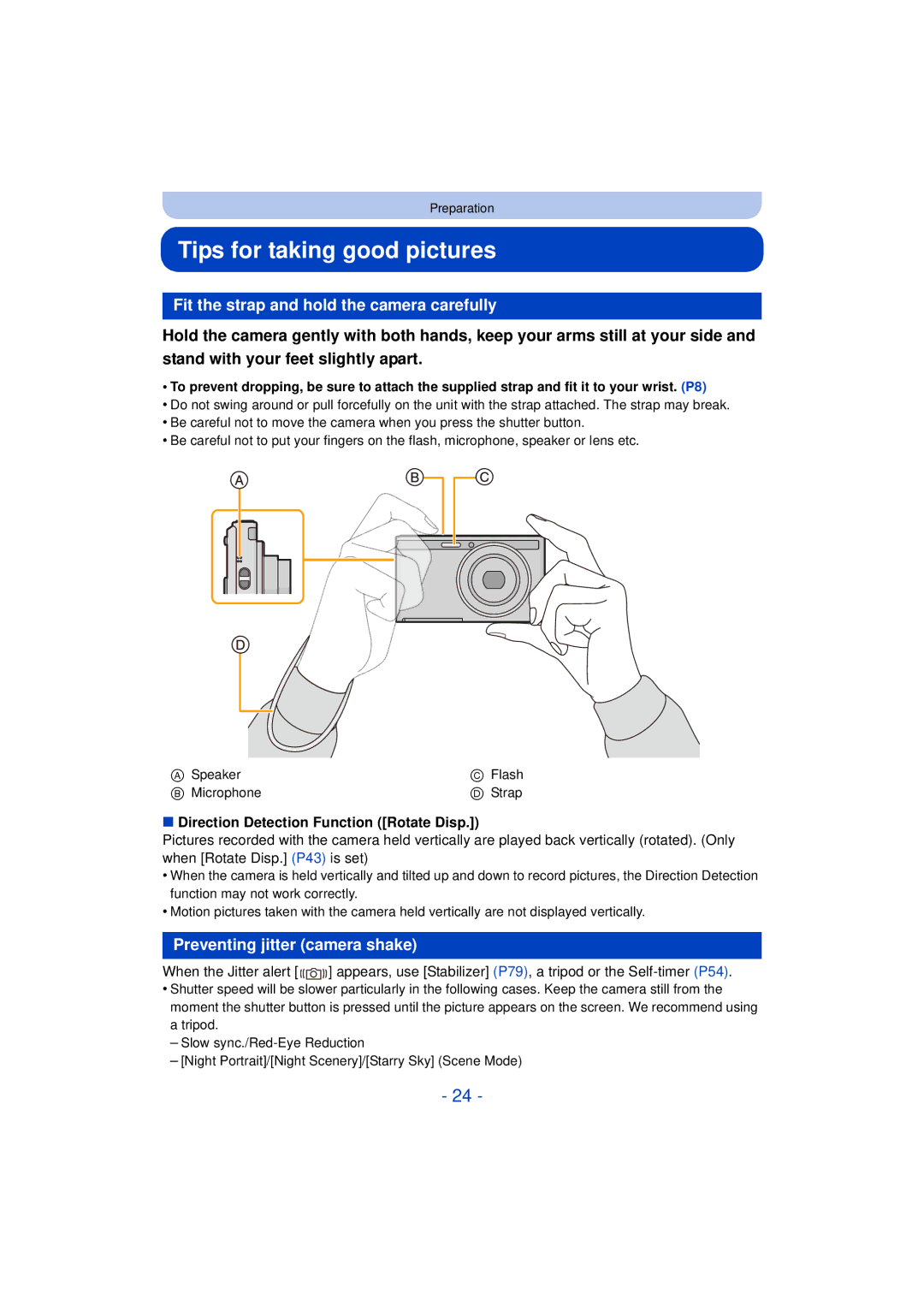 Panasonic DMC-XS1, DMCXS1R, DMCFH10P, DMC-FH10 Tips for taking good pictures, Fit the strap and hold the camera carefully 