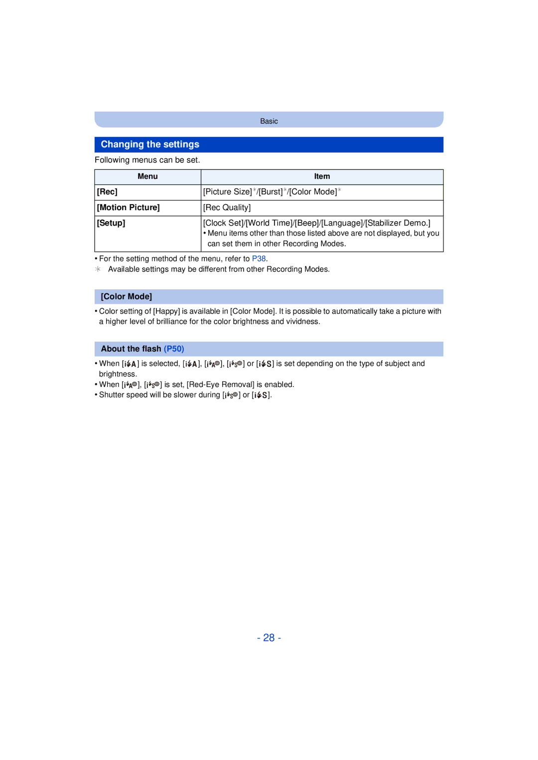 Panasonic DMC-XS1, DMCXS1R, DMCFH10P, DMC-FH10 owner manual Changing the settings 