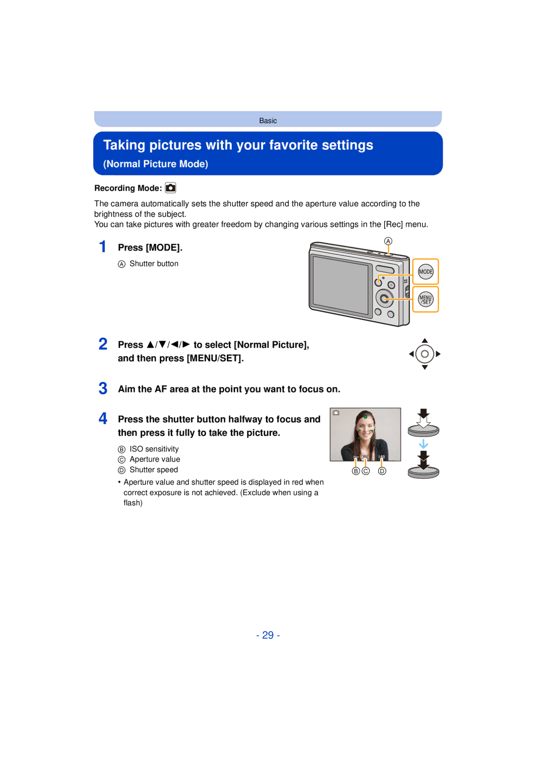 Panasonic DMCXS1R, DMC-XS1, DMCFH10P, DMC-FH10 owner manual Taking pictures with your favorite settings, Normal Picture Mode 