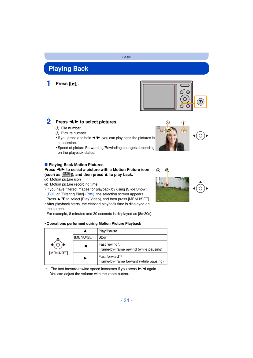 Panasonic DMCFH10P, DMC-XS1, DMCXS1R, DMC-FH10 Press Press 2/1 to select pictures, Playing Back Motion Pictures 