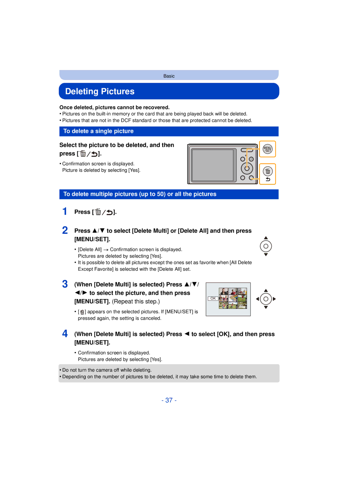 Panasonic DMCXS1R, DMC-XS1 Deleting Pictures, To delete a single picture, Select the picture to be deleted, and then Press 